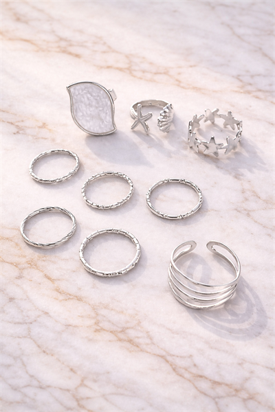 Retrobird Vintage Style Golden Romance Gümüş Renkli 9lu Yüzük Seti