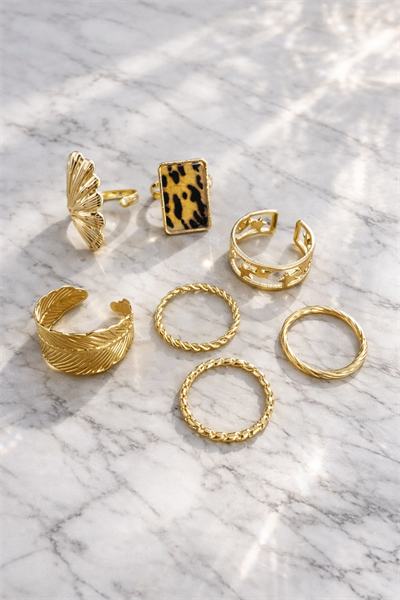 Retrobird Vintage Style Golden Romance Gold Renkli 7li Yüzük Seti
