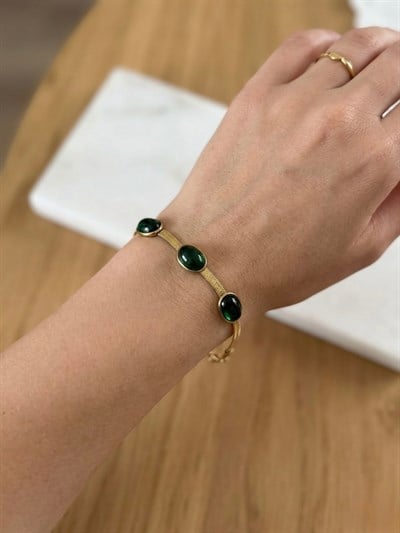 Retrobird Vintage Style Koyu Yeşil Taş Detaylı Altın Renkli Bileklik