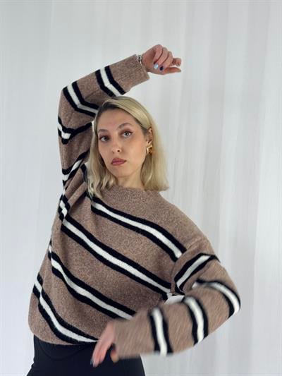 Retrobird Vizon Rengi Şardonlu Çizgili Triko Kazak