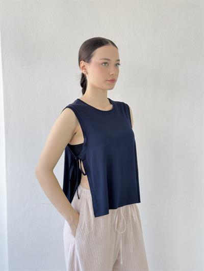 Retrobird Navy Blue Yoga Top with Side Ties