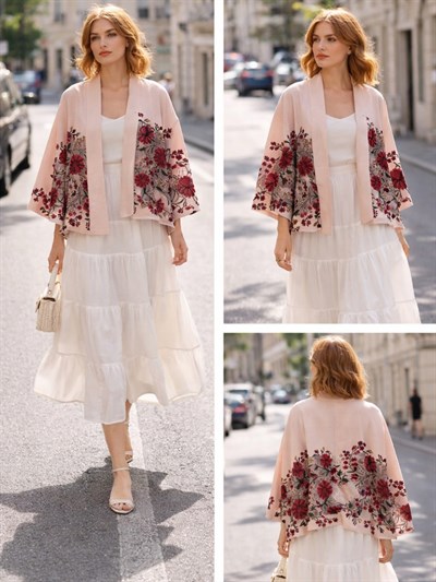 Retrobird Tasarım Transparan Çiçek Baskılı Yavruağzı Boho Mini Kimono