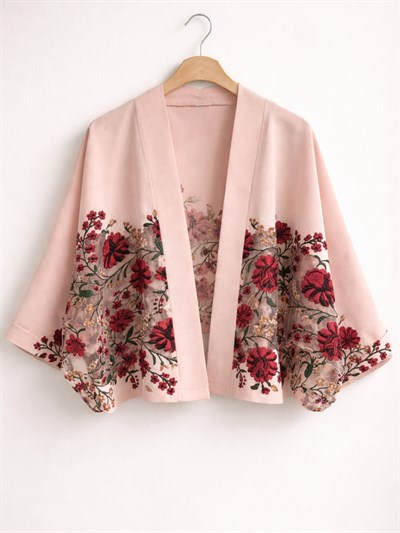 Retrobird Tasarım Transparan Çiçek Baskılı Yavruağzı Boho Mini Kimono