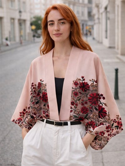 Retrobird Tasarım Transparan Çiçek Baskılı Yavruağzı Boho Mini Kimono