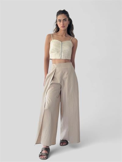 Retrobird Yırtmaç Detaylı Wide-Leg Vizon Pantolon Etek