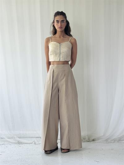 Retrobird Yırtmaç Detaylı Wide-Leg Vizon Pantolon Etek