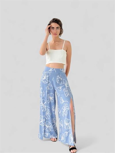 Retrobird YENİ Yırtmaç Detaylı Wide-Leg Kül Mavi Pantolon Etek