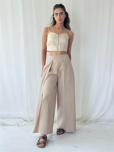 Retrobird Yırtmaç Detaylı Wide-Leg Vizon Pantolon Etek