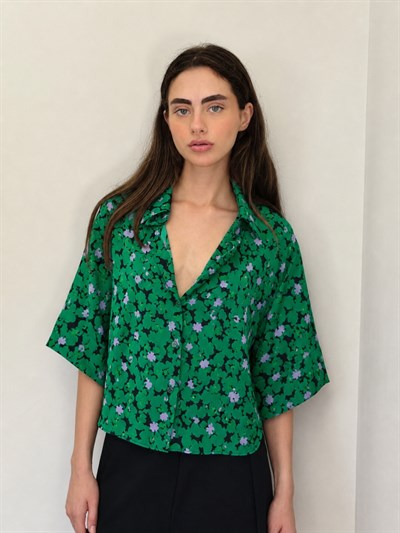 Retrobird Yeşil Retro Model Bol Kısa Kol Kadın Gömlek