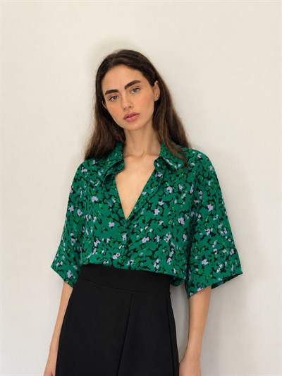 Retrobird Yeşil Retro Model Bol Kısa Kol Kadın Gömlek