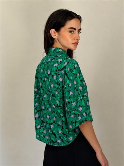 Retrobird Yeşil Retro Model Bol Kısa Kol Kadın Gömlek