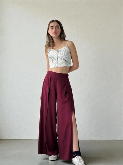 Retrobird Yırtmaç Detaylı Bordo Wide-Leg Pantolon Etek