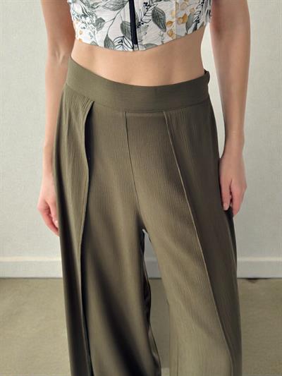 Retrobird Yırtmaç Detaylı Haki Wide-Leg Pantolon Etek