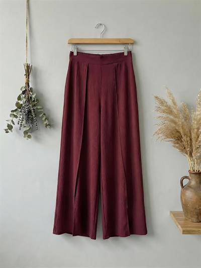 Retrobird Yırtmaç Detaylı Bordo Wide-Leg Pantolon Etek
