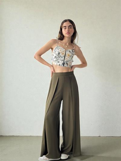 Retrobird Yırtmaç Detaylı Haki Wide-Leg Pantolon Etek