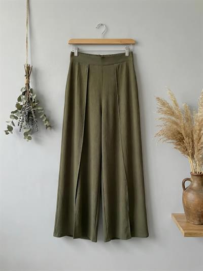 Retrobird Yırtmaç Detaylı Haki Wide-Leg Pantolon Etek