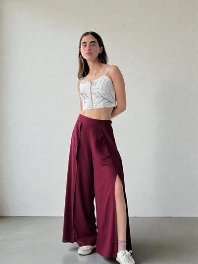 Retrobird Yırtmaç Detaylı Bordo Wide-Leg Pantolon Etek