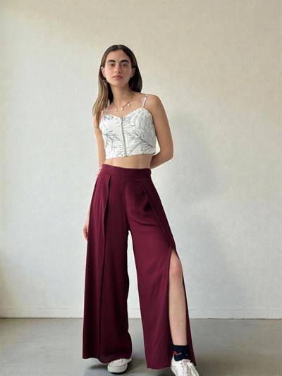 Retrobird Yırtmaç Detaylı Bordo Wide-Leg Pantolon Etek
