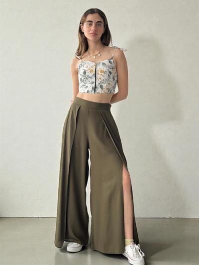 Retrobird Yırtmaç Detaylı Haki Wide-Leg Pantolon Etek