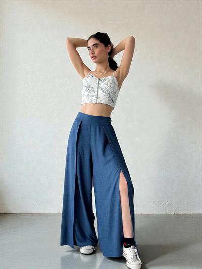 Retrobird Yırtmaç Detaylı Mavi Wide-Leg Pantolon Etek
