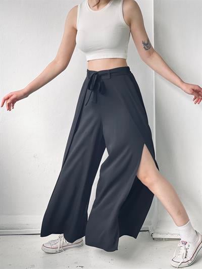 Retrobird Yırtmaç Detaylı Wide-Leg Siyah Pantolon Etek
