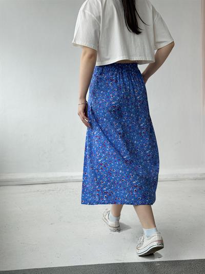 Retrobird Yüksek Bel Yırtmaçlı Midi Boy Mavi Etek