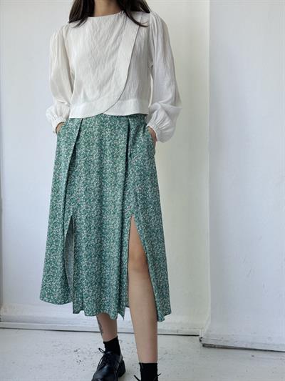 Retrobird Yüksek Bel Yırtmaçlı Midi Boy Turkuaz Etek