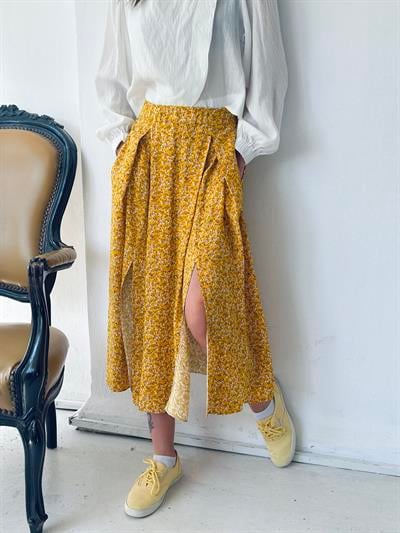 Retrobird Yüksek Bel Yırtmaçlı Midi Boy Sarı Etek