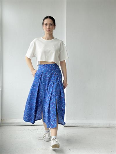 Retrobird Yüksek Bel Yırtmaçlı Midi Boy Mavi Etek