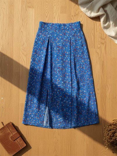 Retrobird High Waist Slit Midi Length Blue Skirt