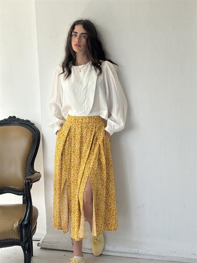 Retrobird Yüksek Bel Yırtmaçlı Midi Boy Sarı Etek