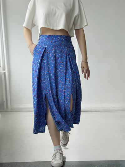 Retrobird Yüksek Bel Yırtmaçlı Midi Boy Mavi Etek