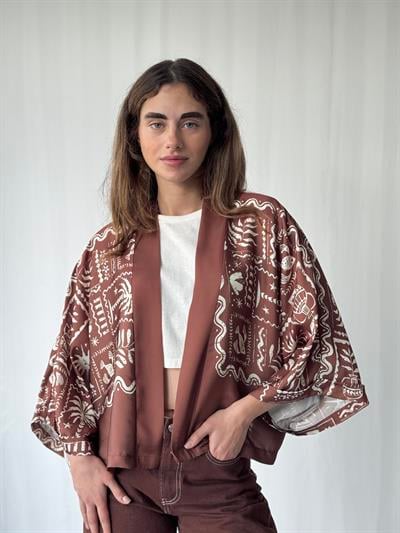 YENİ Retrobird Tasarım Kahve Beyaz Boho Desen Mini Kimono