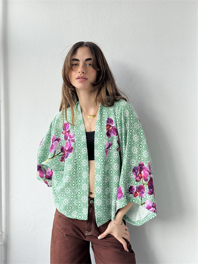 Retrobird Tasarım Boho Desen Mint Yeşili Mini Kimono