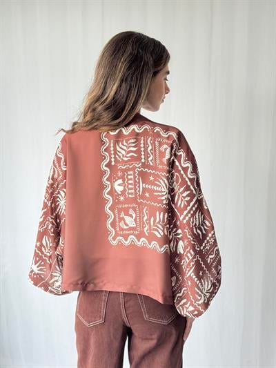 YENİ Retrobird Tasarım Kahve Beyaz Boho Desen Mini Kimono