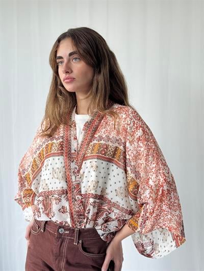 YENİ Retrobird Tasarım Beyaz Kiremit Boho Desen Mini Kimono