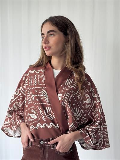 YENİ Retrobird Tasarım Kahve Beyaz Boho Desen Mini Kimono