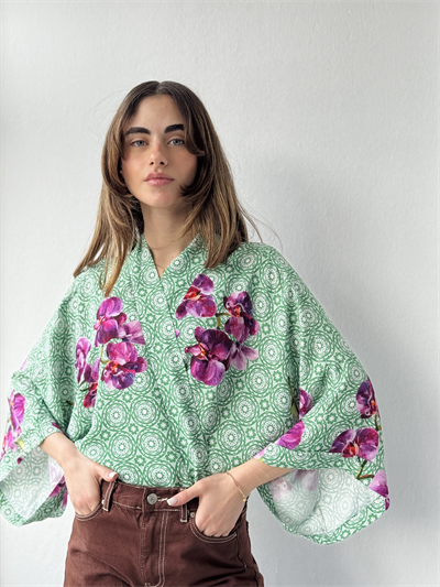 Retrobird Tasarım Boho Desen Mint Yeşili Mini Kimono