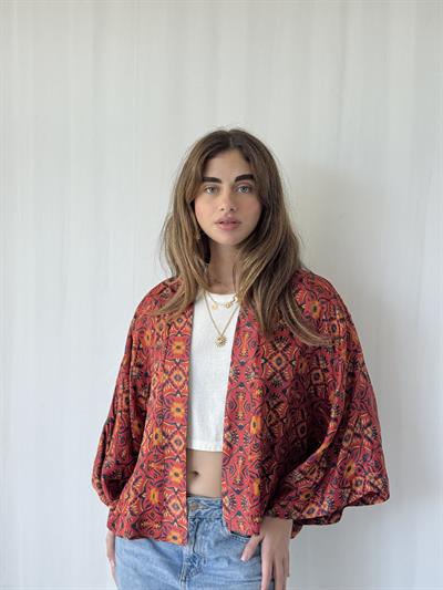 YENİ Retrobird Tasarım Boho Desen Koyu Kiremit Mini Kimono