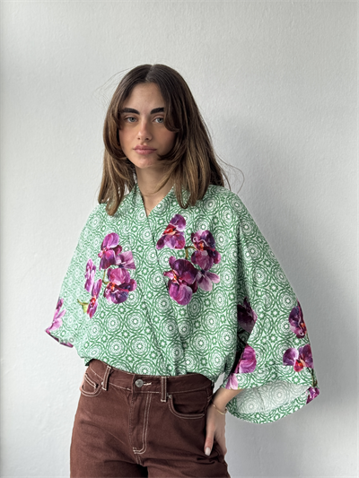 Retrobird Tasarım Boho Desen Mint Yeşili Mini Kimono