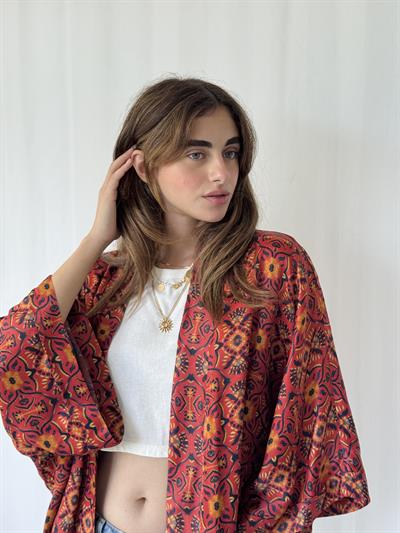 YENİ Retrobird Tasarım Boho Desen Koyu Kiremit Mini Kimono