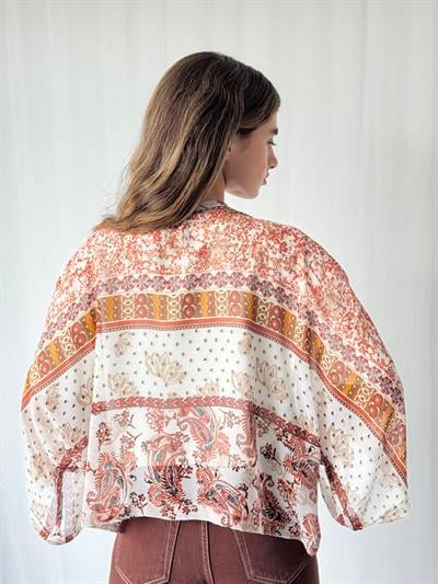 YENİ Retrobird Tasarım Beyaz Kiremit Boho Desen Mini Kimono