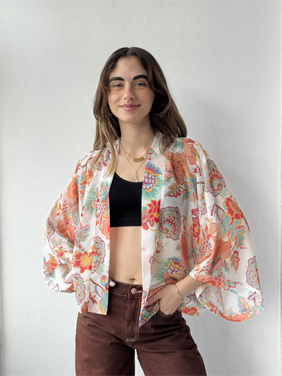 Retrobird Tasarım Boho Desen Yavruağzı Mini Kimono