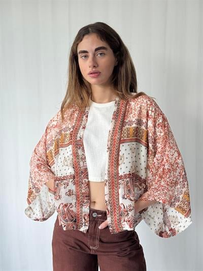 YENİ Retrobird Tasarım Beyaz Kiremit Boho Desen Mini Kimono