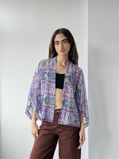 Retrobird Tasarım Boho Desen Eflatun Mini Kimono