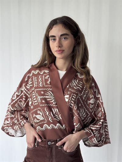 YENİ Retrobird Tasarım Kahve Beyaz Boho Desen Mini Kimono