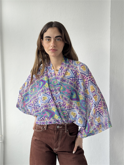 Retrobird Tasarım Boho Desen Eflatun Mini Kimono
