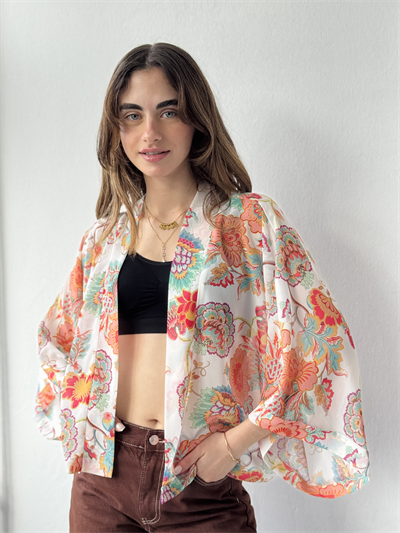 Retrobird Tasarım Boho Desen Yavruağzı Mini Kimono