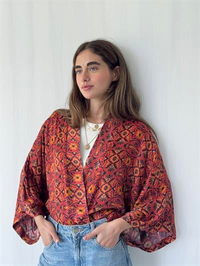 YENİ Retrobird Tasarım Boho Desen Koyu Kiremit Mini Kimono