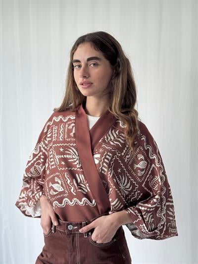 YENİ Retrobird Tasarım Kahve Beyaz Boho Desen Mini Kimono